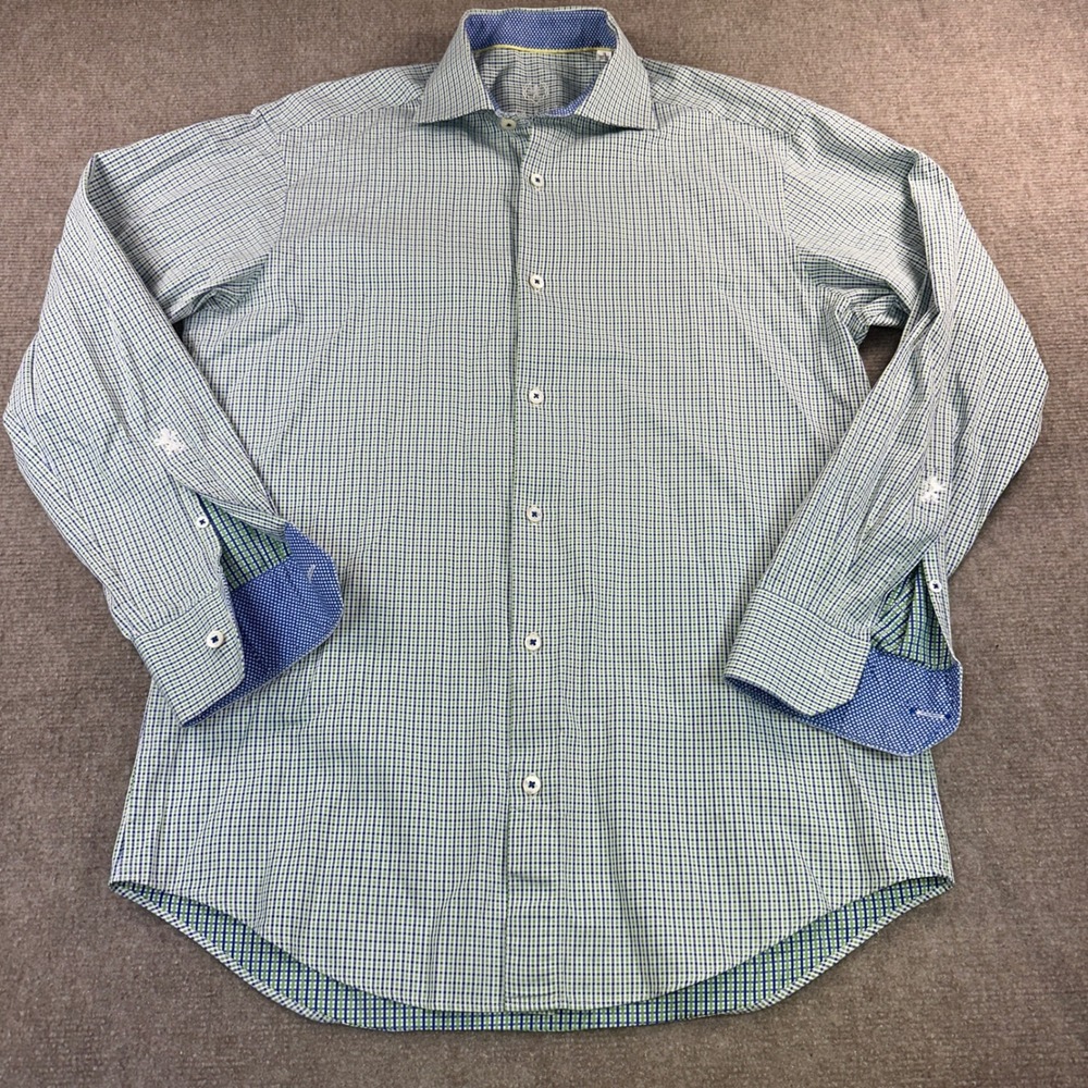 Bugatchi Uomo Mens 15 32/33 Green Blue Micro Check Button Down Shirt Long Sleeve